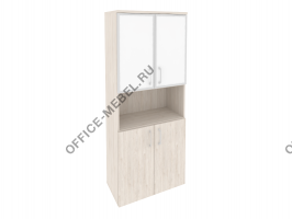 Шкаф высокий широкий (2 низких фасада ЛДСП + 2 низких фасада стекло лакобель в раме) O.ST-1.4R white на Office-mebel.ru