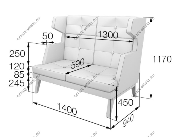 Мягкая мебель для офиса Диван 2-местный высокий Bev2H на Office-mebel.ru