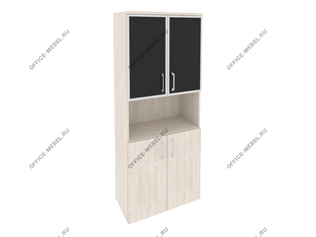 Шкаф высокий широкий (2 низких фасада ЛДСП + 2 низких фасада стекло лакобель в раме) O.ST-1.4R black на Office-mebel.ru